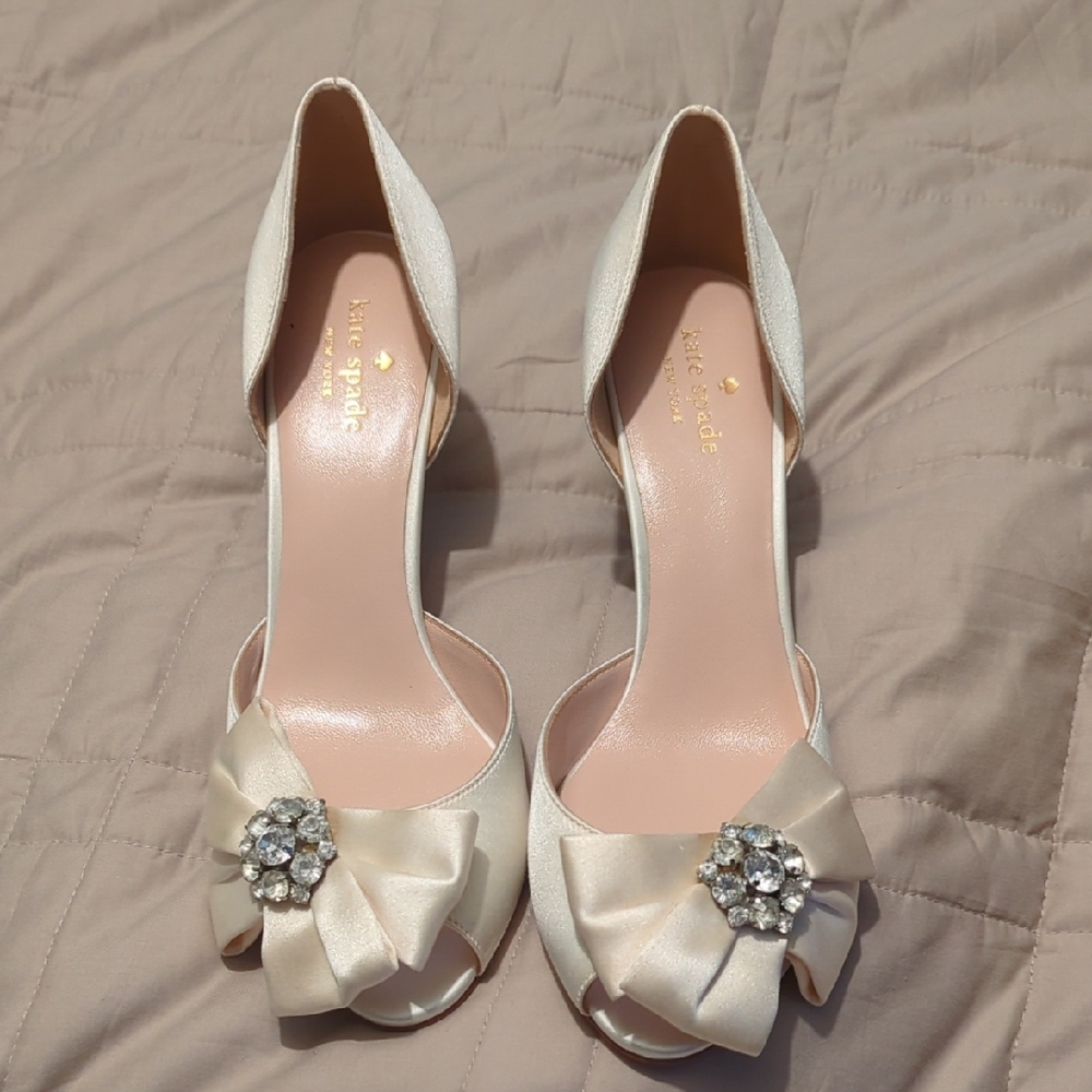 Kate Spade Ivory Satin Heels with Rhinestone Bow